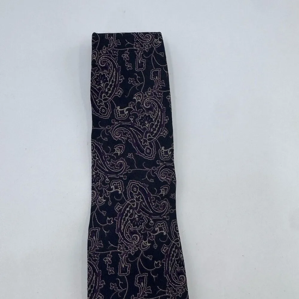 Ferrell Reed Tie All Silk Black Paisley In Cream & Violet VTG Fast Shipping